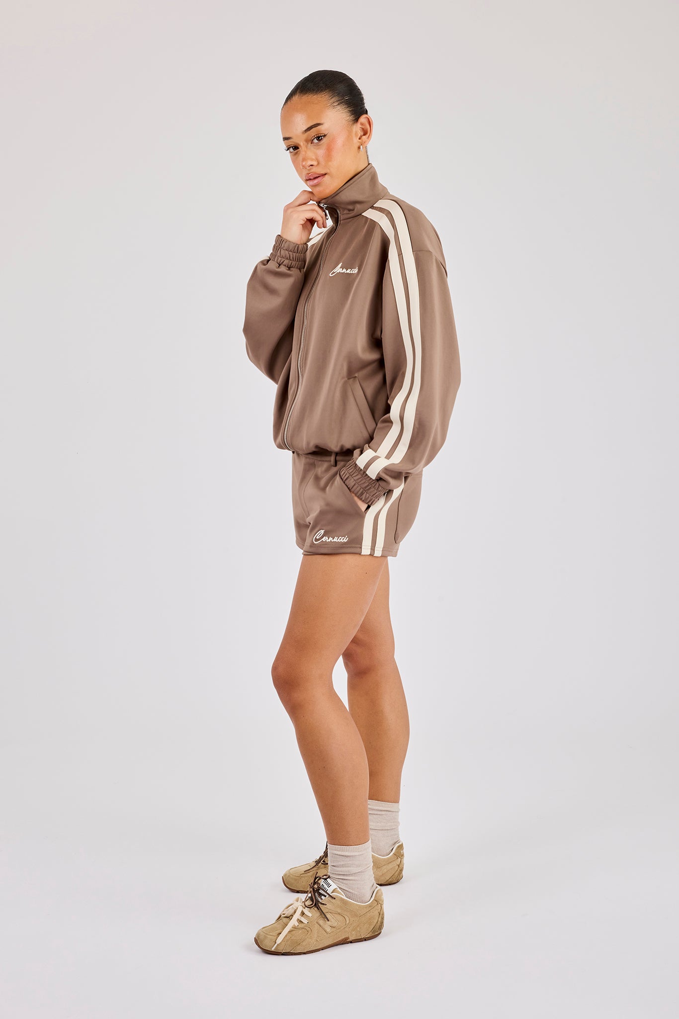 Taping Cropped Funnel Neck Track Jacket & Micro Short - Taupe